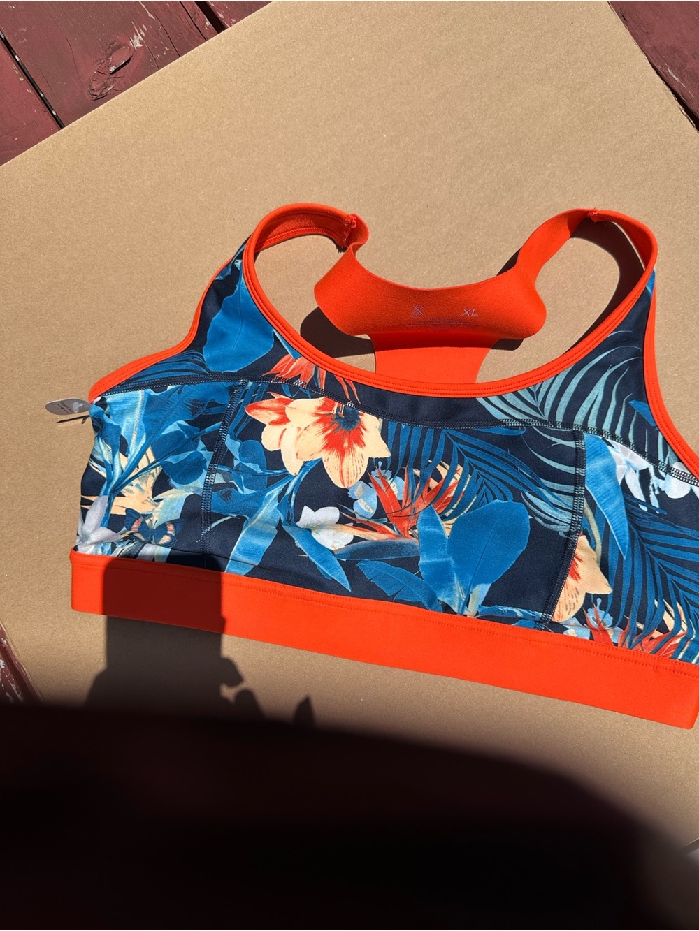 Xersion Tropical Print Racerback Sports Bra - Orange Trim